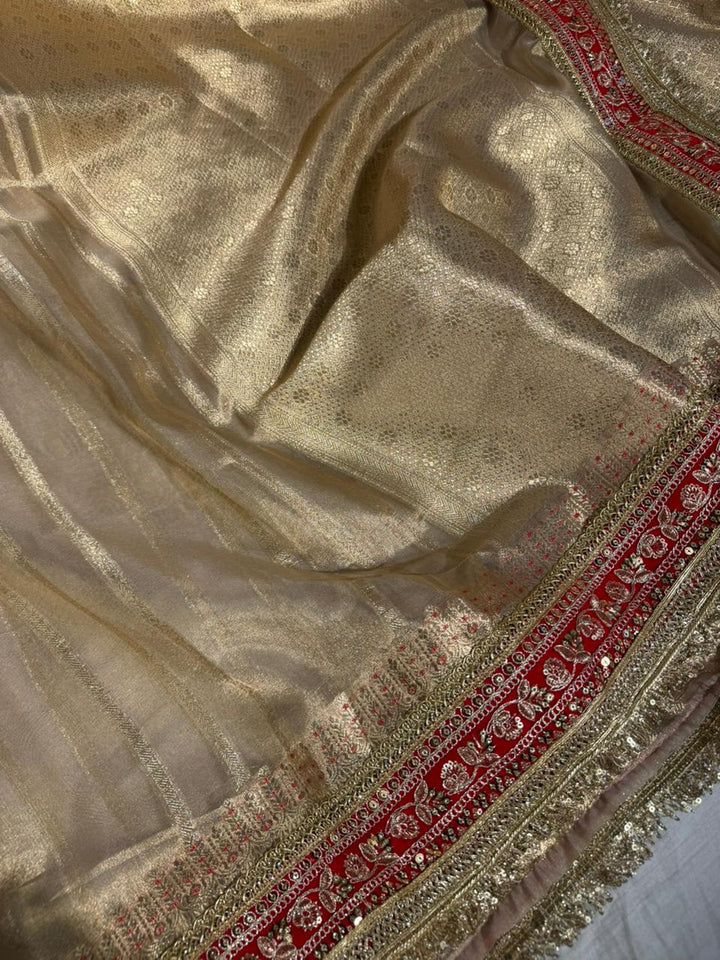 Ivory Gold Tissue Silk Designer Lace Work Banarasi Saree 