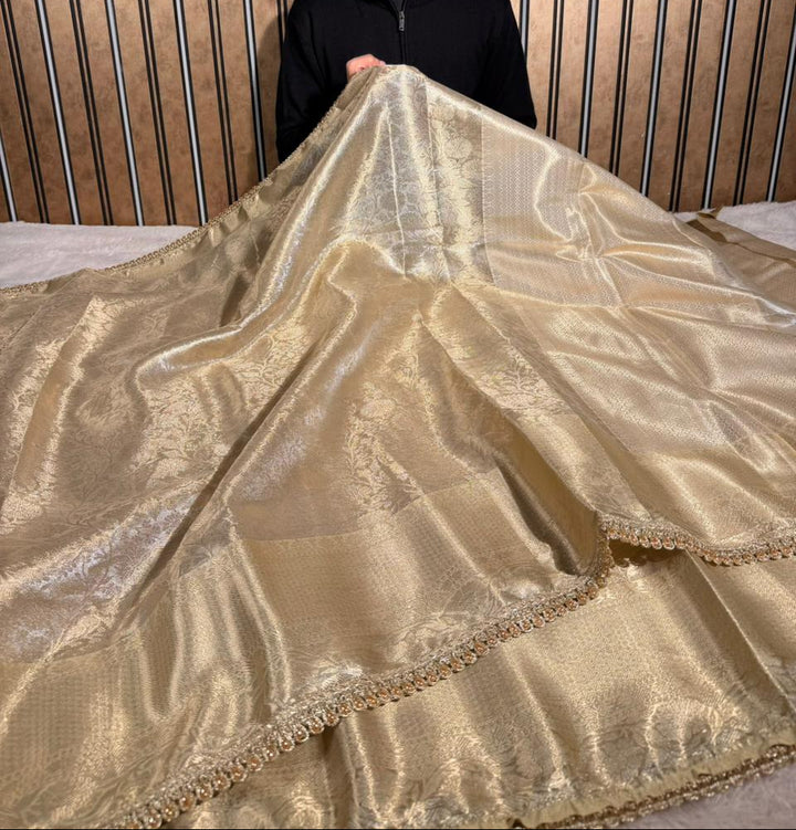 Ivory Kanjivaram Tissue Silk Designer Lace Attached Banarasi Saree