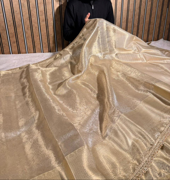 Ivory Kanjivaram Tissue Silk Designer Lace Attached Banarasi Saree