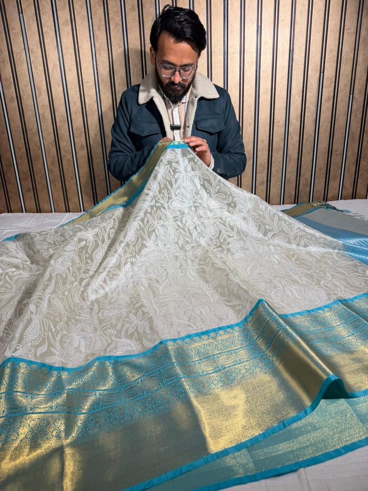 Ivory Katan Tissue Silk Water Zari Chikankari Embroidered Banarasi Saree