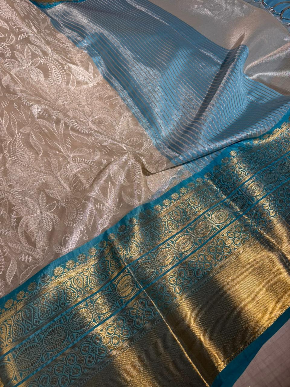 Ivory Katan Tissue Silk Water Zari Chikankari Embroidered Banarasi Saree