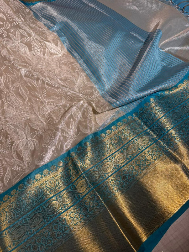 Ivory Katan Tissue Silk Water Zari Chikankari Embroidered Banarasi Saree