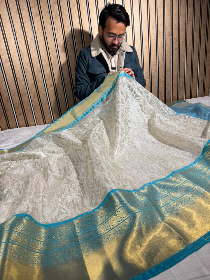 Ivory Katan Tissue Silk Water Zari Chikankari Embroidered Banarasi Saree