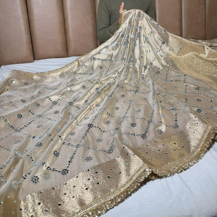 Ivory Kora Tissue Mirror Work Banarasi Saree
