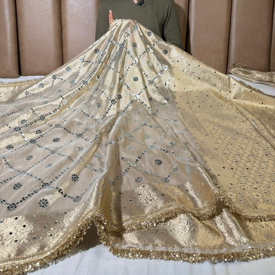 Ivory Kora Tissue Mirror Work Banarasi Saree