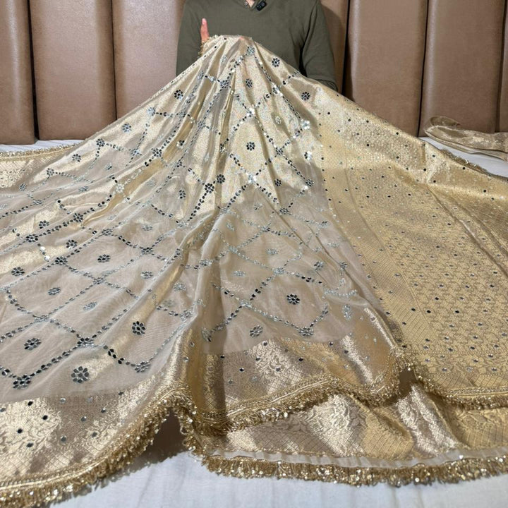 Ivory Kora Tissue Mirror Work Banarasi Saree