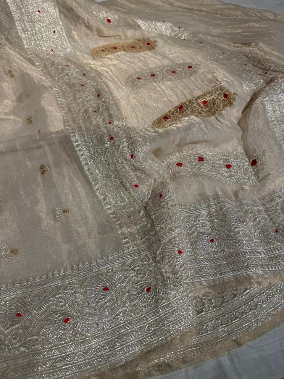 Ivory Pure Khaddi Tissue Silk Natural Handwoven Banarasi Saree