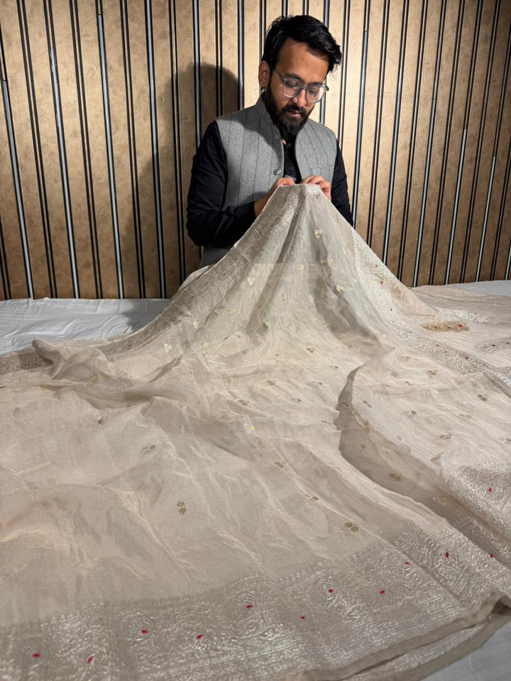 Ivory Pure Khaddi Tissue Silk Natural Handwoven Banarasi Saree