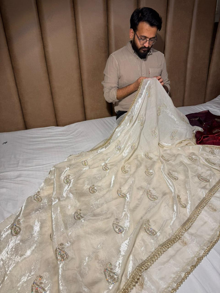 Ivory Cream Shade Shimmery Tissue Silk Handwork Saree