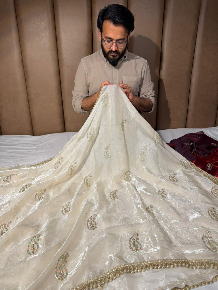 Ivory Cream Shade Shimmery Tissue Silk Handwork Saree