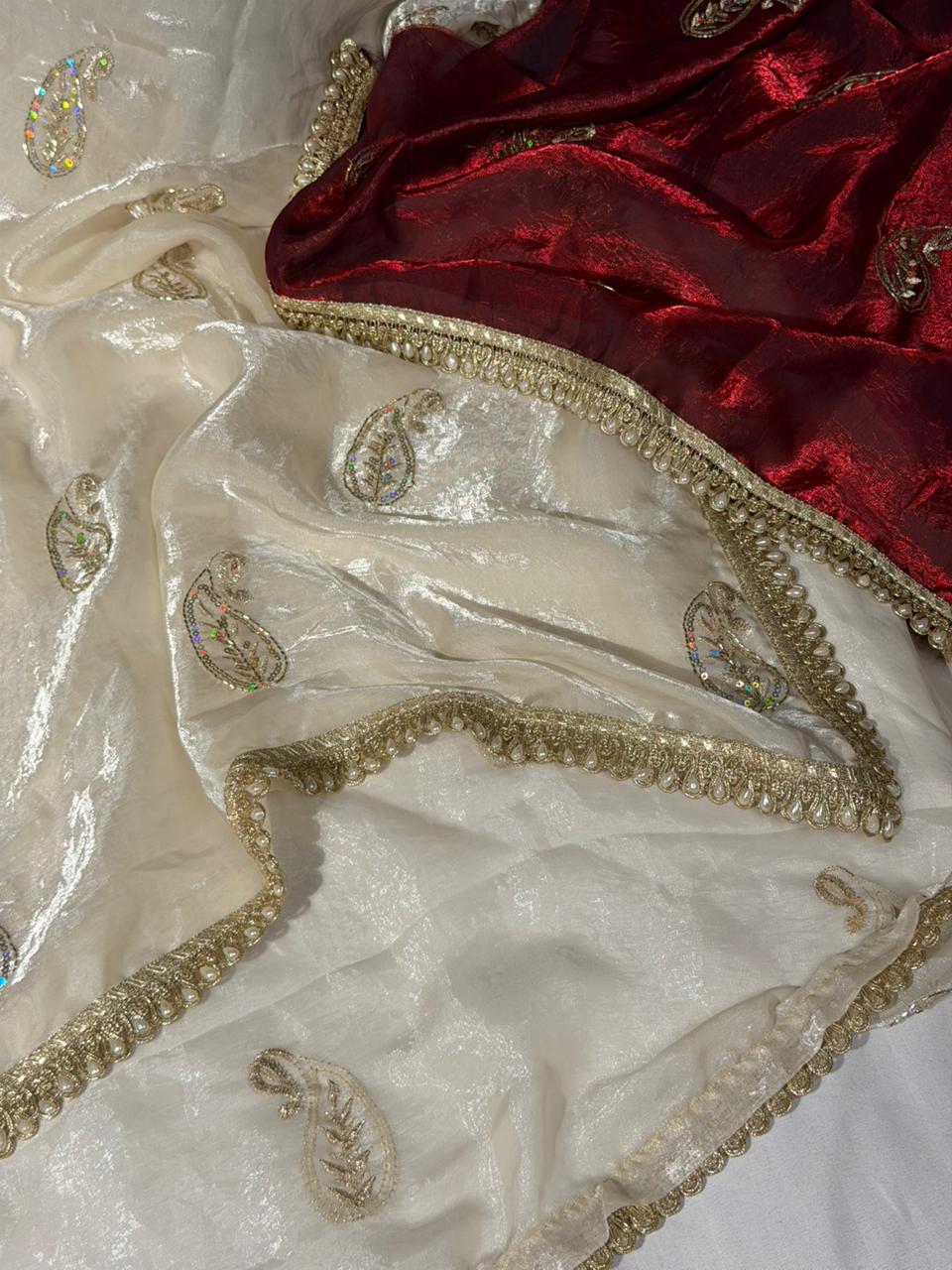 Ivory Cream Shade Shimmery Tissue Silk Handwork Saree