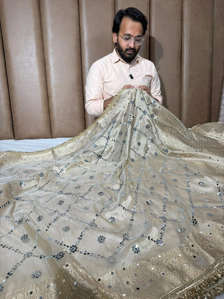 Ivory Kora Tissue Mirror Work Banarasi Saree
