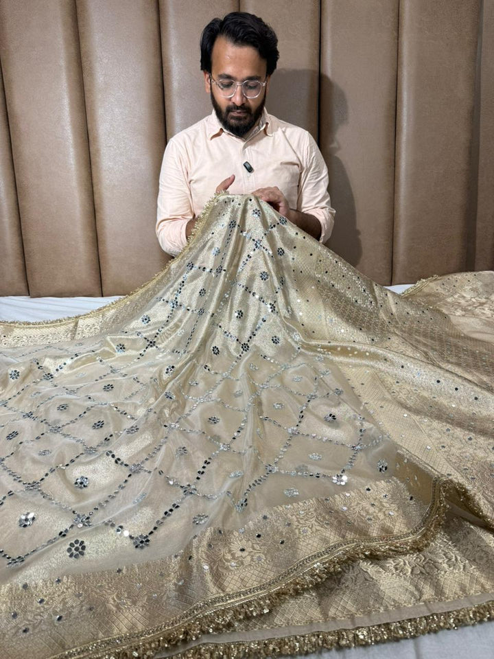 Ivory Kora Tissue Mirror Work Banarasi Saree