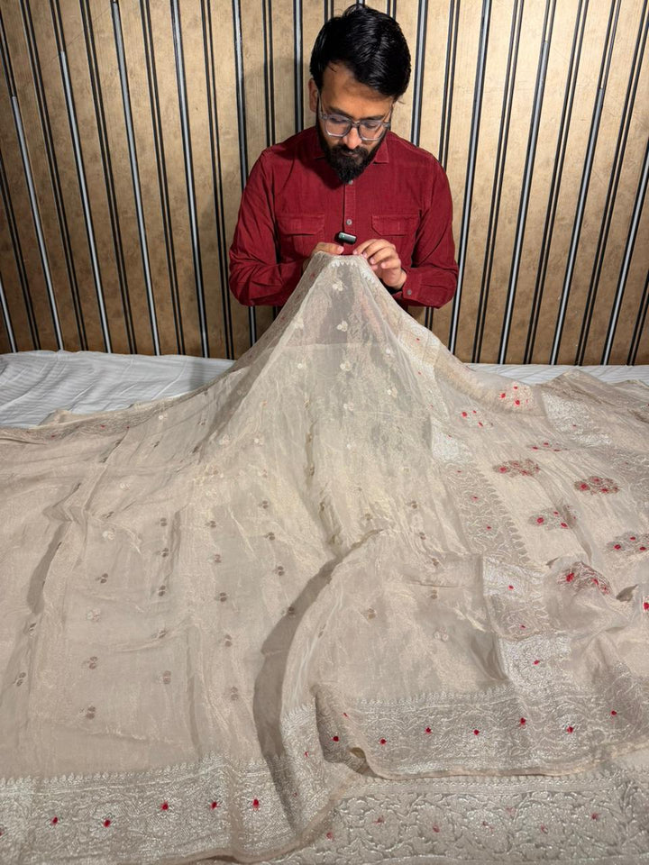 Ivory Pure Khaddi Tissue Silk Natural Handwoven Banarasi Saree