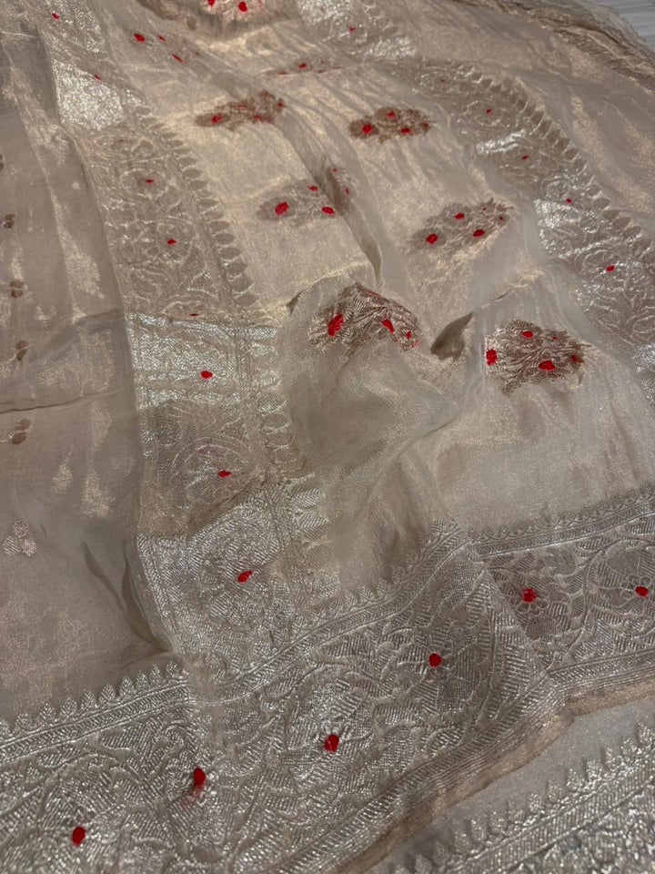 Ivory Pure Khaddi Tissue Silk Natural Handwoven Banarasi Saree