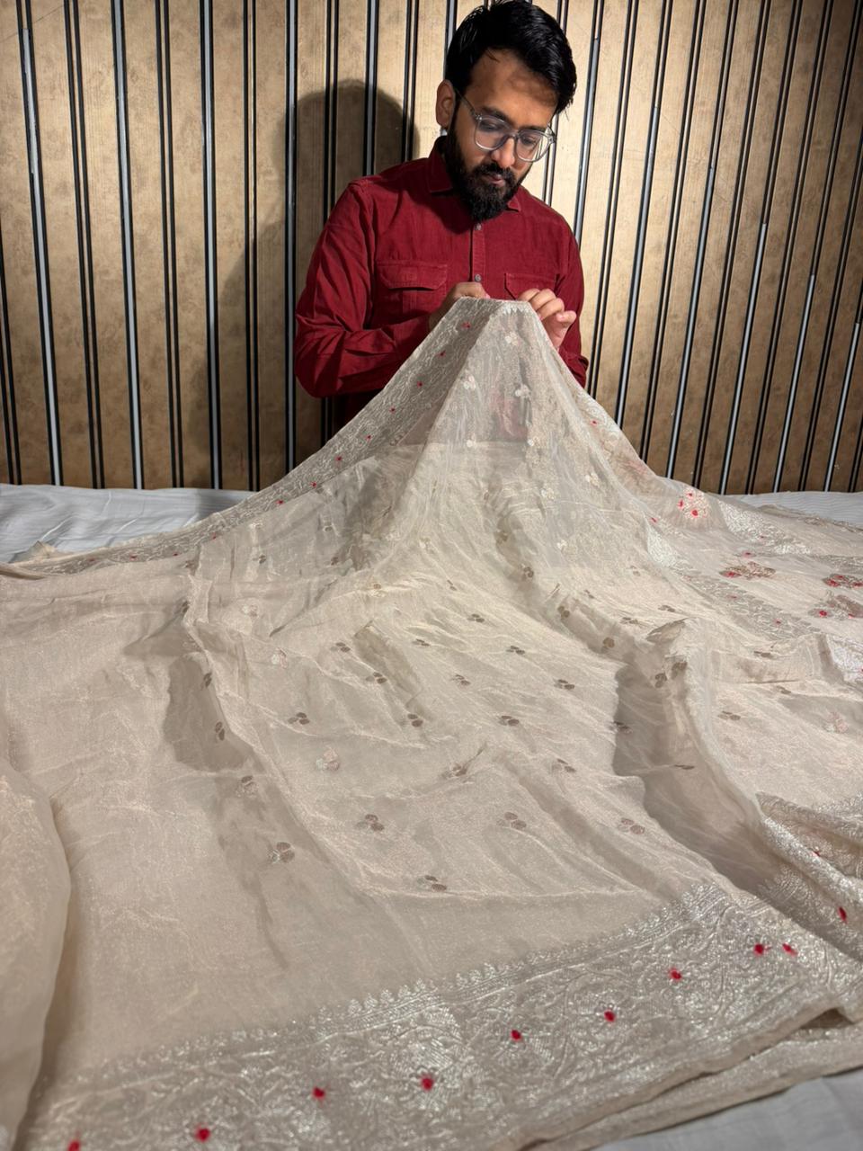 Ivory Pure Khaddi Tissue Silk Natural Handwoven Banarasi Saree