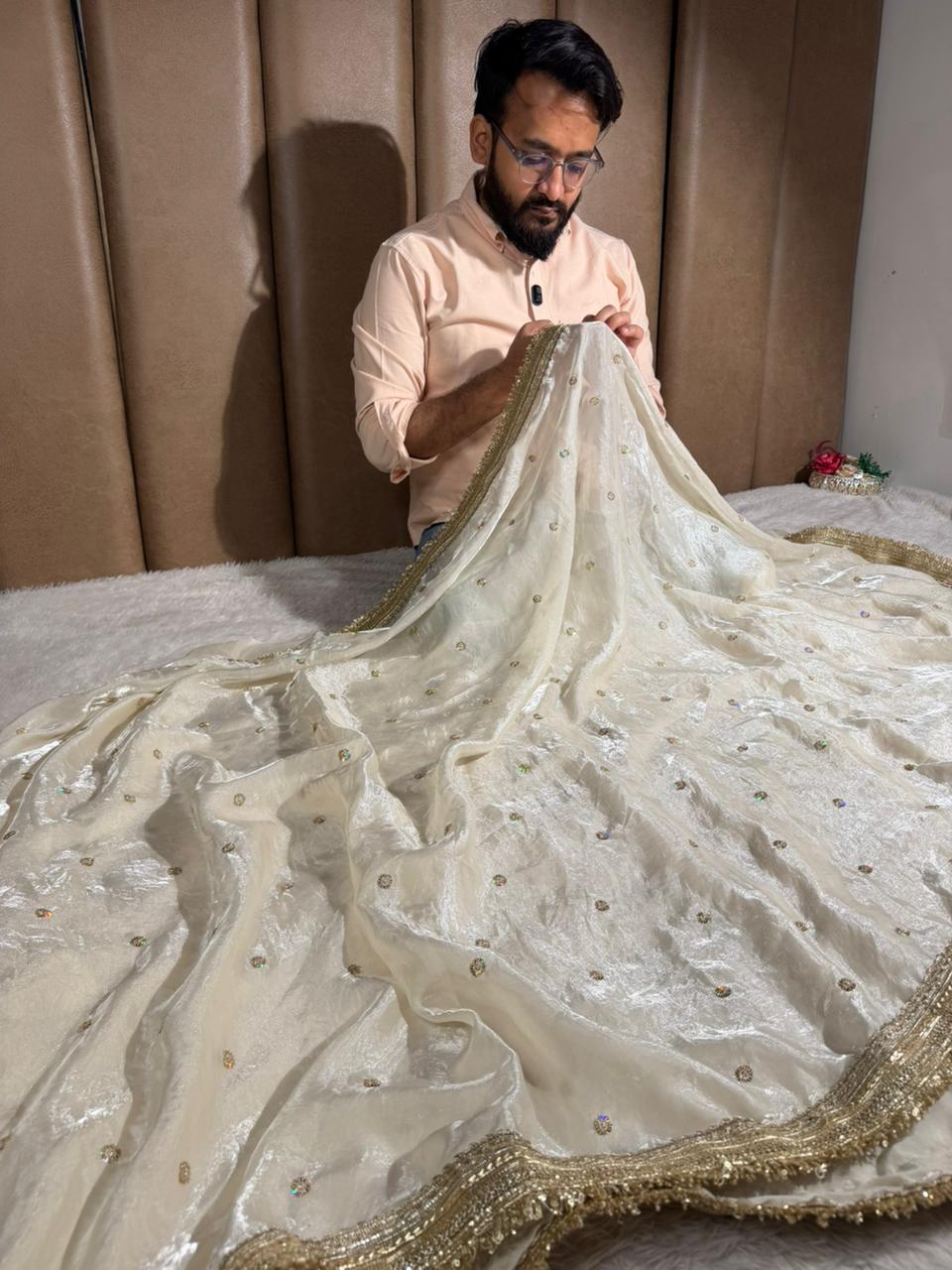 Ivory shimmery tissue silk designer saree