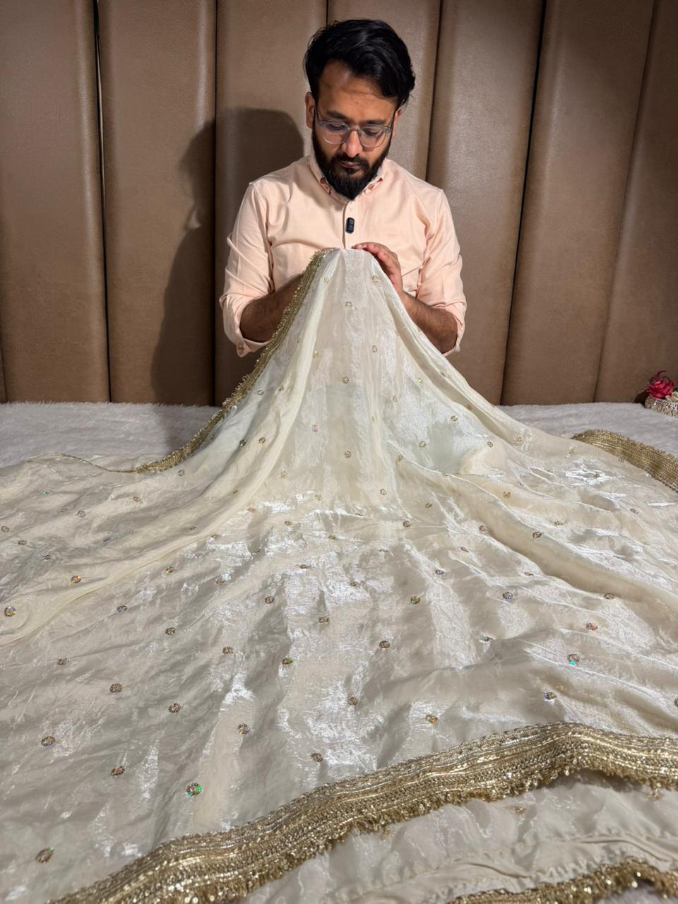 Ivory shimmery tissue silk designer saree