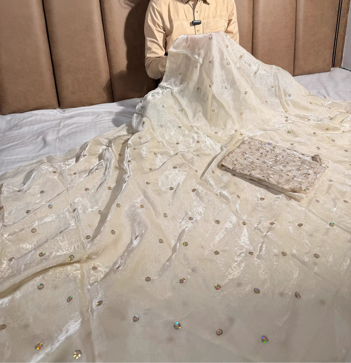 Ivory White Shimmery Tissue Designer Embroidered Saree