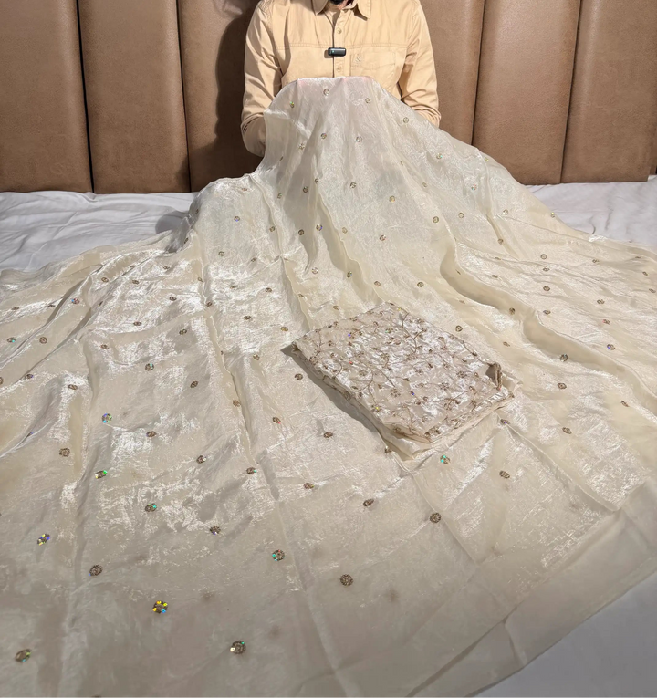 Ivory White Shimmery Tissue Designer Embroidered Saree