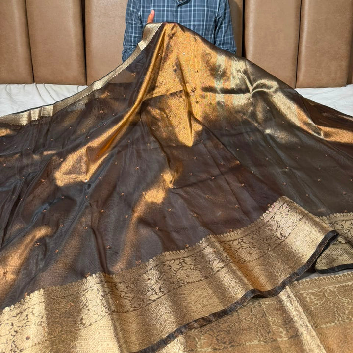 Metallic Brown Kora Tissue Mirror Work Saree