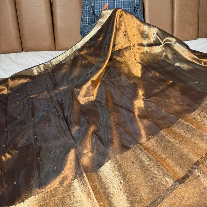 Metallic Brown Kora Tissue Mirror Work Saree