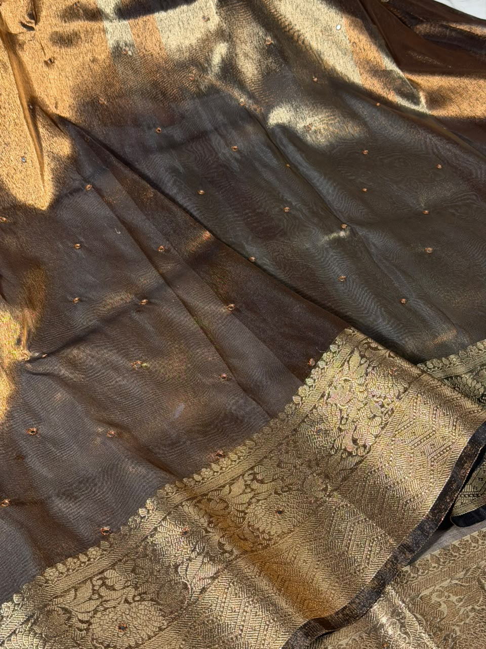 Metallic Brown Kora Tissue Mirror Work Saree