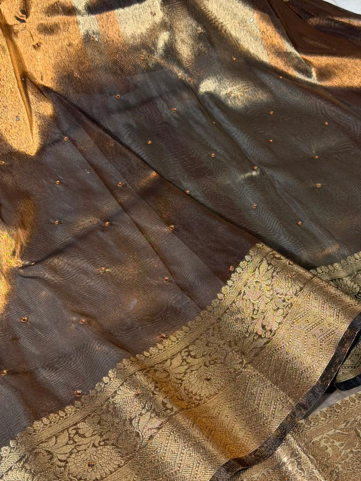 Metallic Brown Kora Tissue Mirror Work Saree