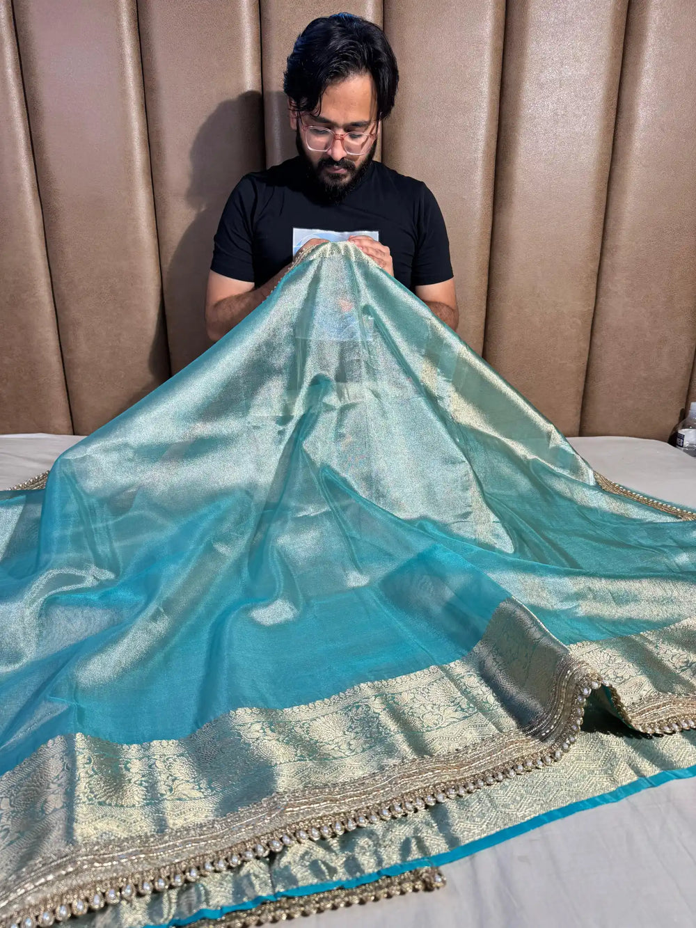 Jahvni KApoor Inspired Sea Green Banarasi Tissue Silk Saree with Rich Pallu and Lacework