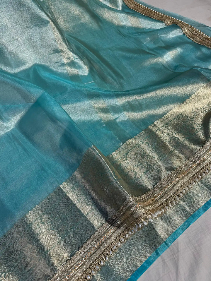 Jahvni KApoor Inspired Sea Green Banarasi Tissue Silk Saree with Rich Pallu and Lacework