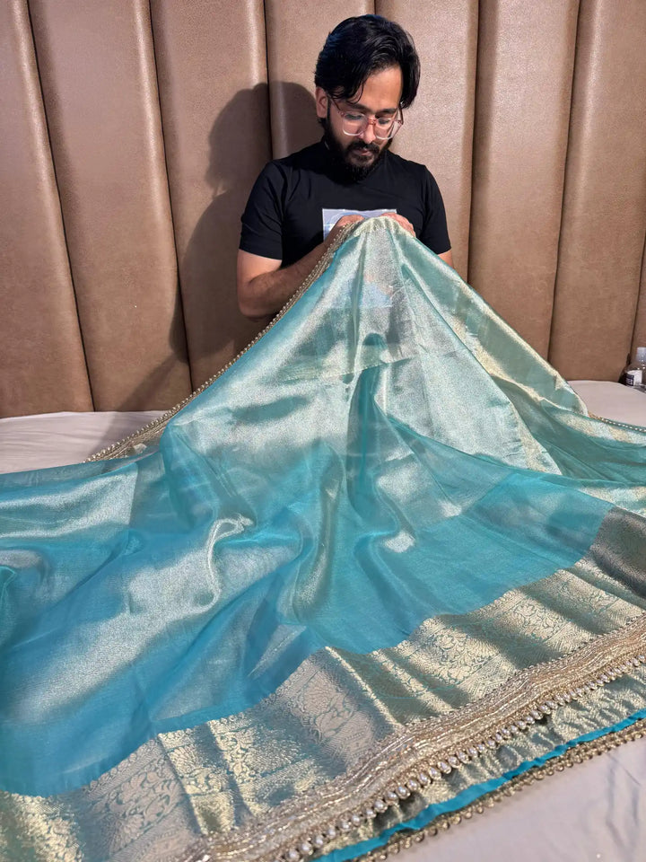 Jahvni KApoor Inspired Sea Green Banarasi Tissue Silk Saree with Rich Pallu and Lacework
