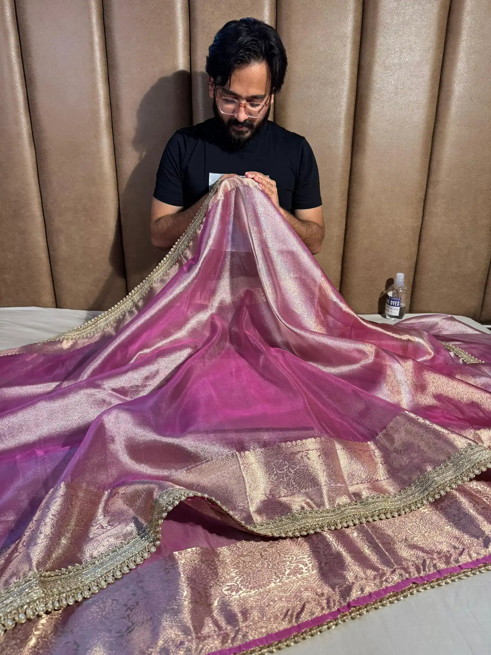 Jahvni Kapoor Inspired Pink Banarasi Tissue Silk Saree with Rich Pallu and Lacework