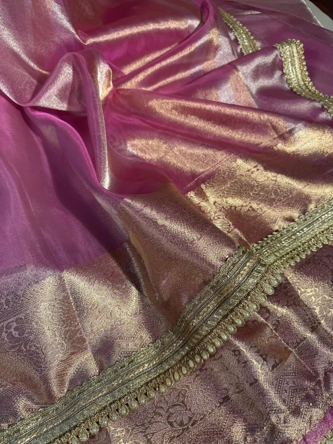 Jahvni Kapoor Inspired Pink Banarasi Tissue Silk Saree with Rich Pallu and Lacework