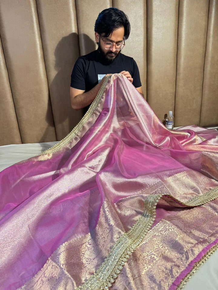 Jahvni Kapoor Inspired Pink Banarasi Tissue Silk Saree with Rich Pallu and Lacework