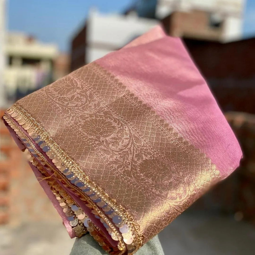 Janhvi Kapoor Inspired Pink Tissue Silk Lace Work Banarasi Saree