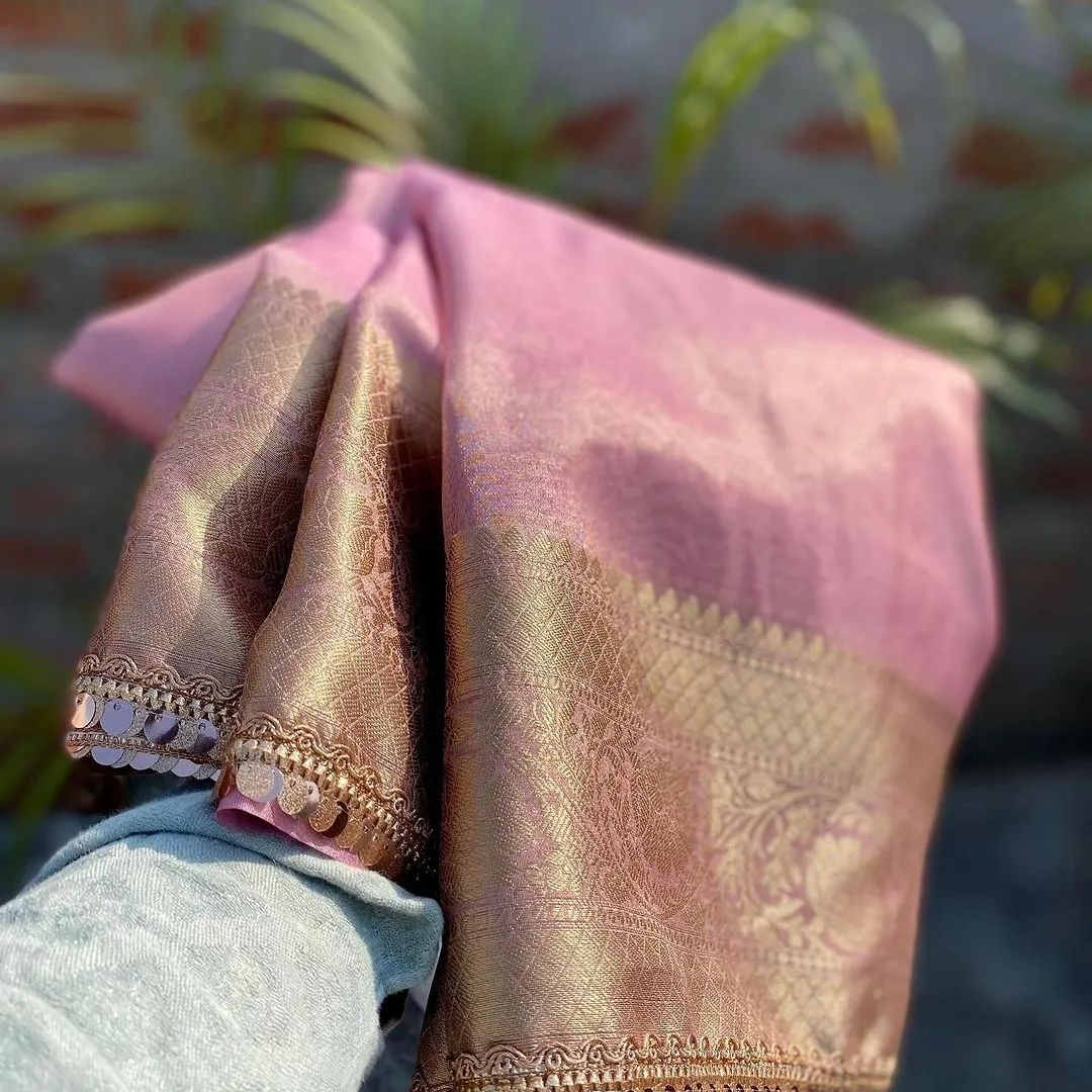 Janhvi Kapoor Inspired Pink Tissue Silk Lace Work Banarasi Saree