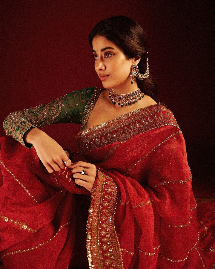 Janhvi Kapoor Inspired Sindoori Red Organza Saree
