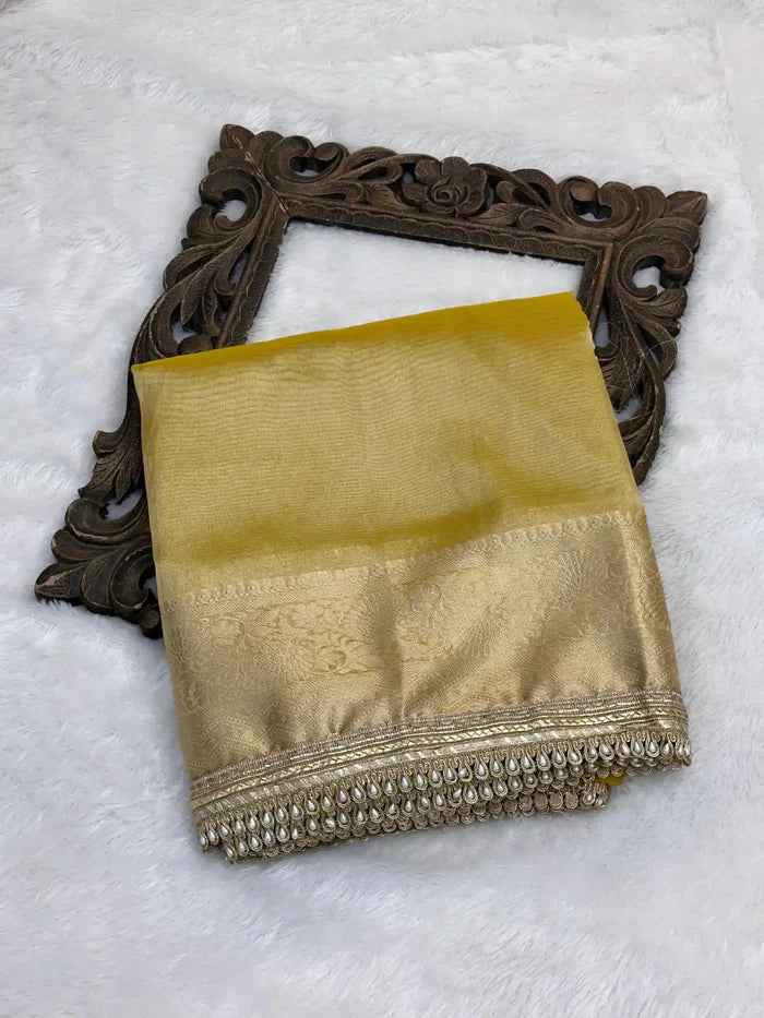 Janhvi Kapoor Inspired Tissue Silk Designer Lace Work Banarasi Saree
