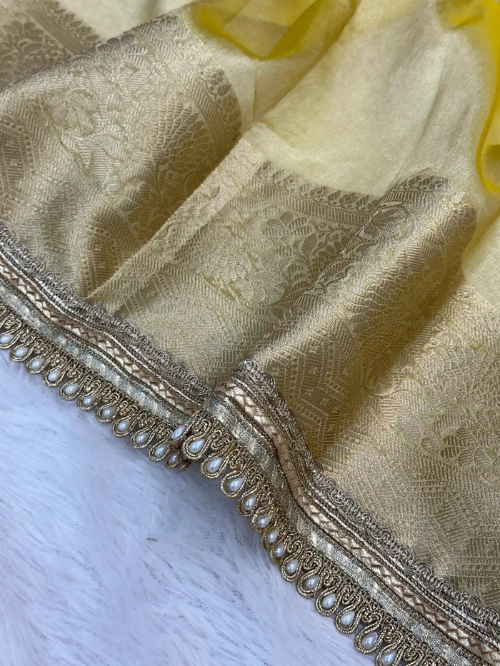 Janhvi Kapoor Inspired Tissue Silk Designer Lace Work Banarasi Saree
