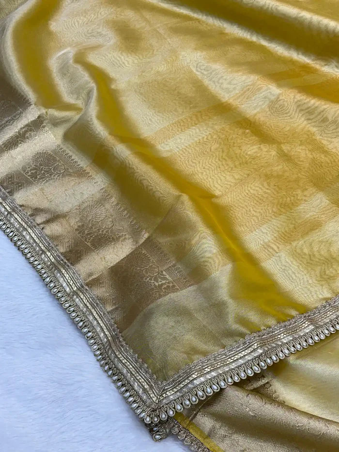 Janhvi Kapoor Inspired Tissue Silk Designer Lace Work Banarasi Saree
