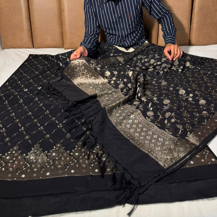 Jet Black Chinia Silk Banarasi Mirror Work Suit