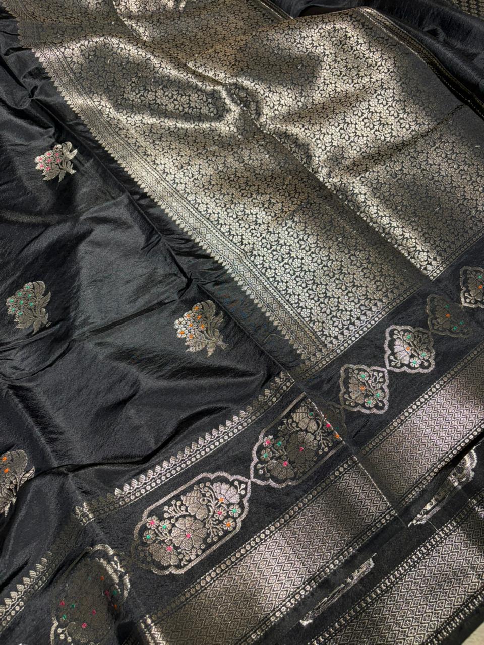 Jet Black Colour premium Chinia silk Banarasi saree