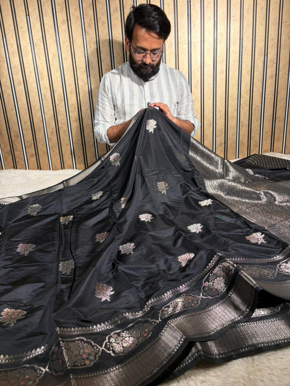 Jet Black Colour premium Chinia silk Banarasi saree