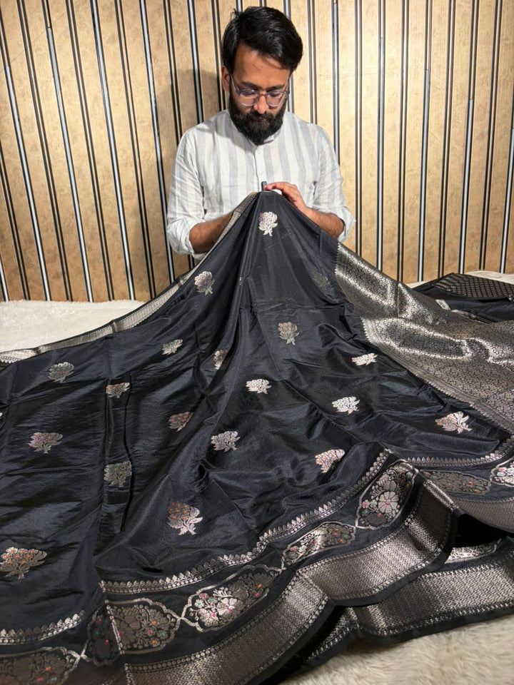 Jet Black Colour premium Chinia silk Banarasi saree