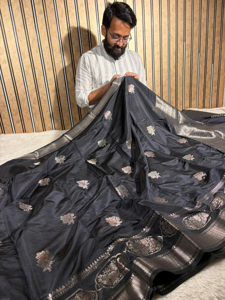 Jet Black Colour premium Chinia silk Banarasi saree
