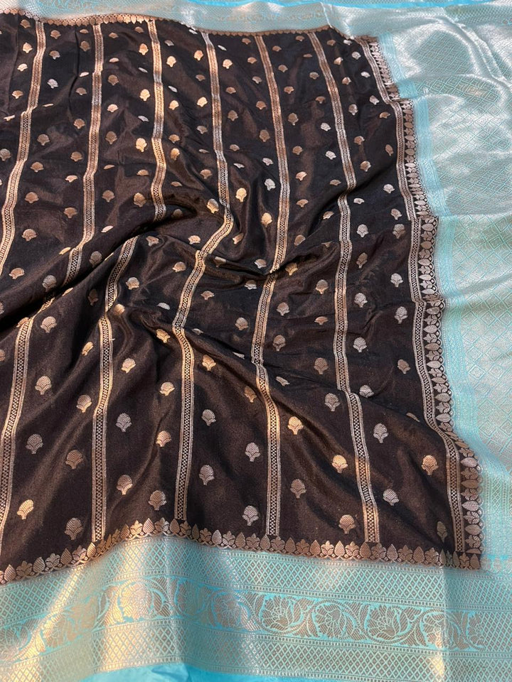 Jet Black Contrast Chinia Silk Traditional Banarasi Saree