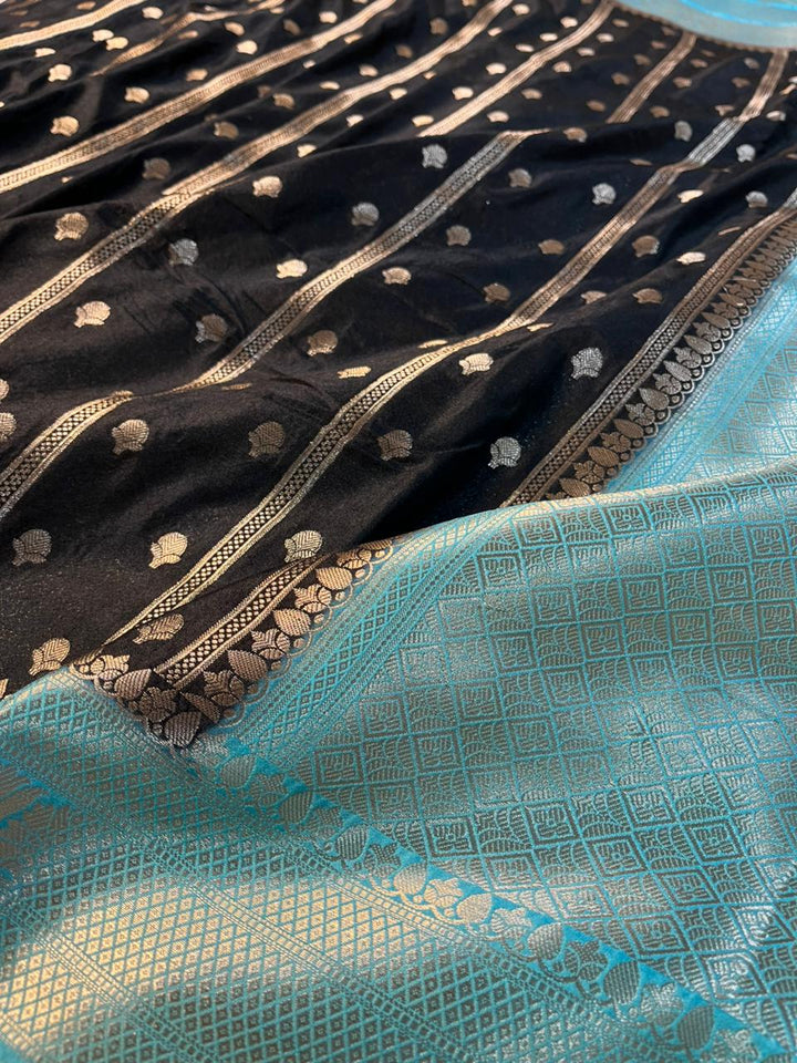 Jet Black Contrast Chinia Silk Traditional Banarasi Saree