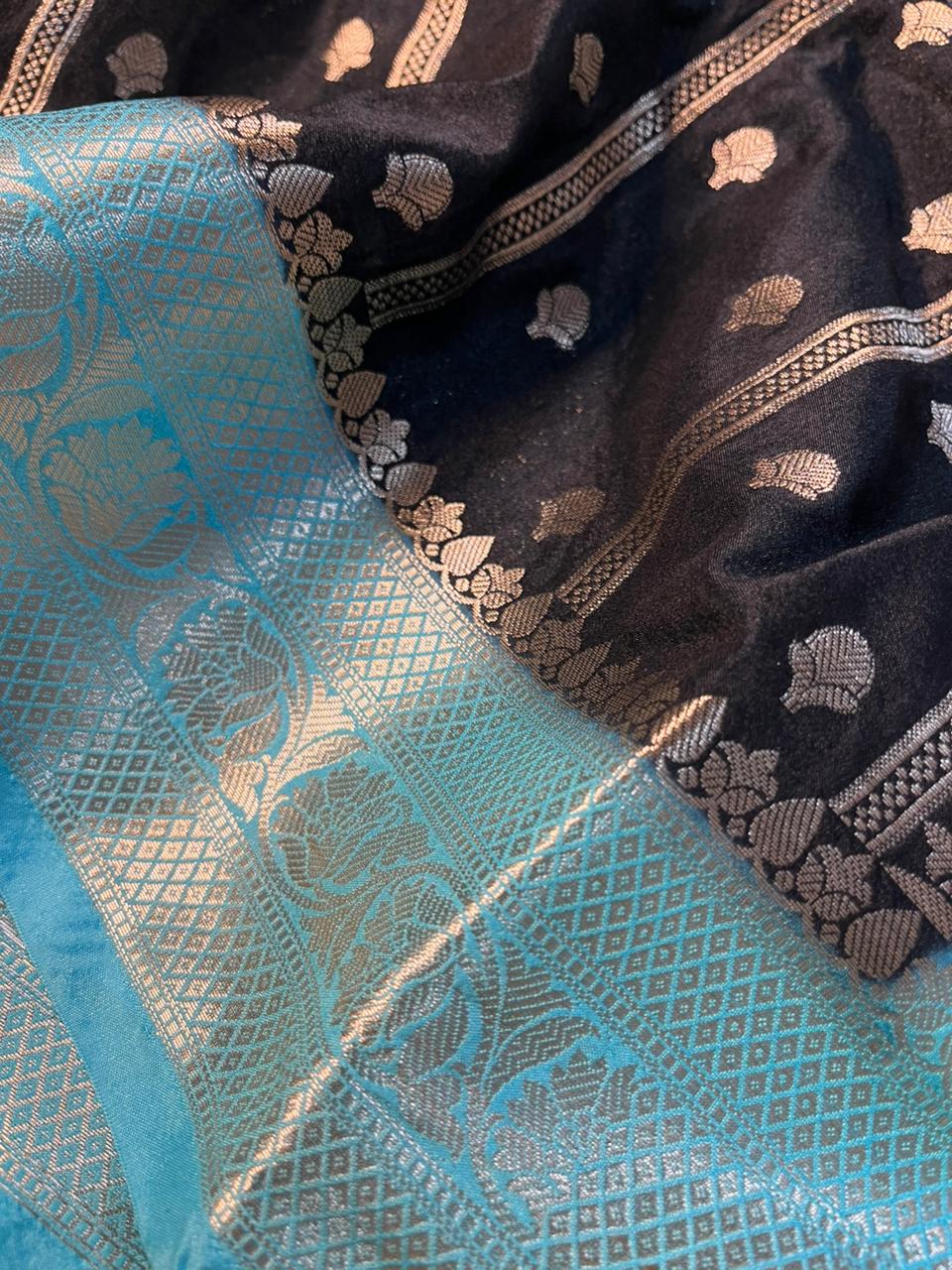 Jet Black Contrast Chinia Silk Traditional Banarasi Saree