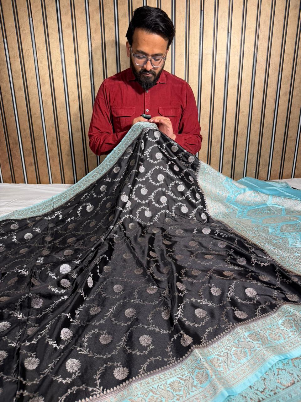 Jet Black Mashru Katan Silk Heritage Banarasi Saree 