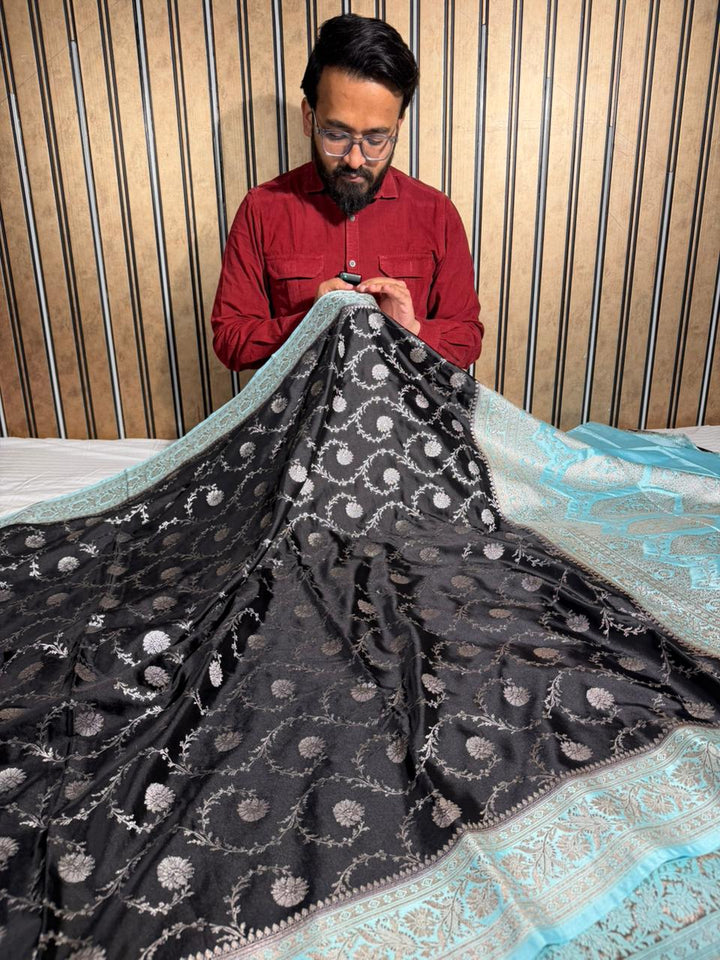 Jet Black Mashru Katan Silk Heritage Banarasi Saree 